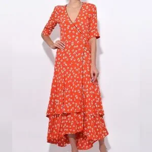 Ganni | Dresses | Ganni Red Floral Wrap Dress | Poshmark